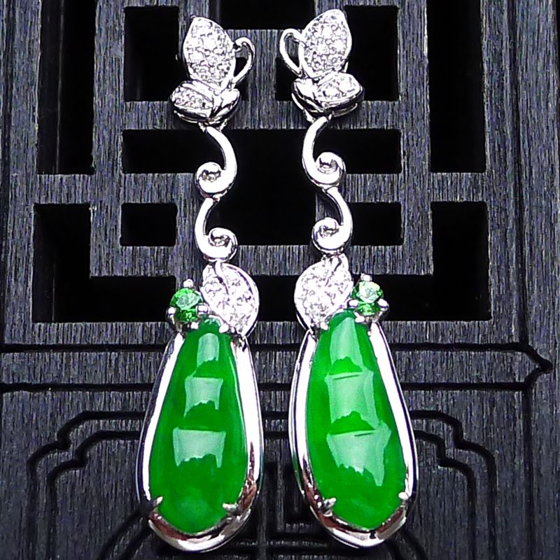 18K金镶玉四季豆耳环冰种翡翠耳坠镶嵌耳线天然玉石耳钉3.12g
