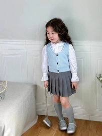 韩版2024春季时尚女童设计感花边领衬衫系针织马甲短裙套装
