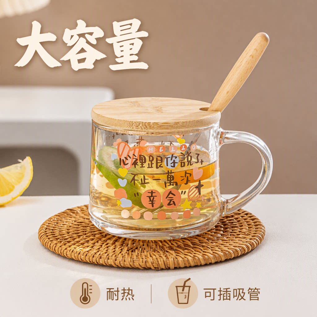 ins卡通玻璃杯大容量带把水杯耐热吸管早餐杯带盖勺少女情侣闺蜜