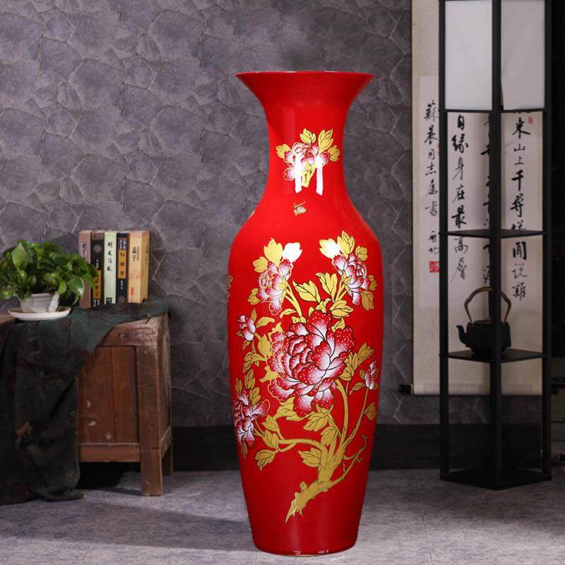 景德镇陶瓷器红色落地大花瓶酒店开业办公室中式客厅插花装饰摆件