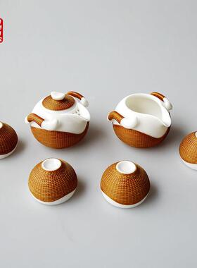 非遗手工瓷胎竹编玉瓷茶具一壶二杯可携式茶具套组竹丝扣瓷茶杯包