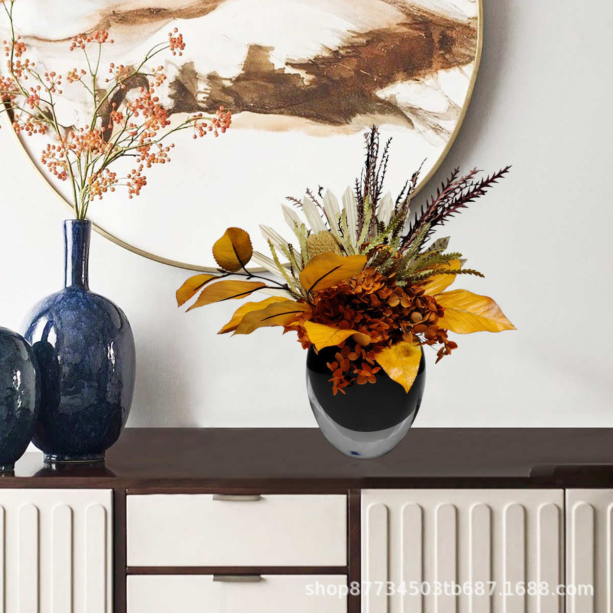 现代轻奢橙色仿真花艺插花样板房茶几花架博古架售楼部吧台摆件设