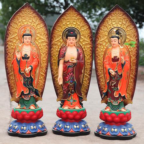 供奉寺庙彩绘西方三圣 站西方三圣 1米1带背光观音地藏王佛祖