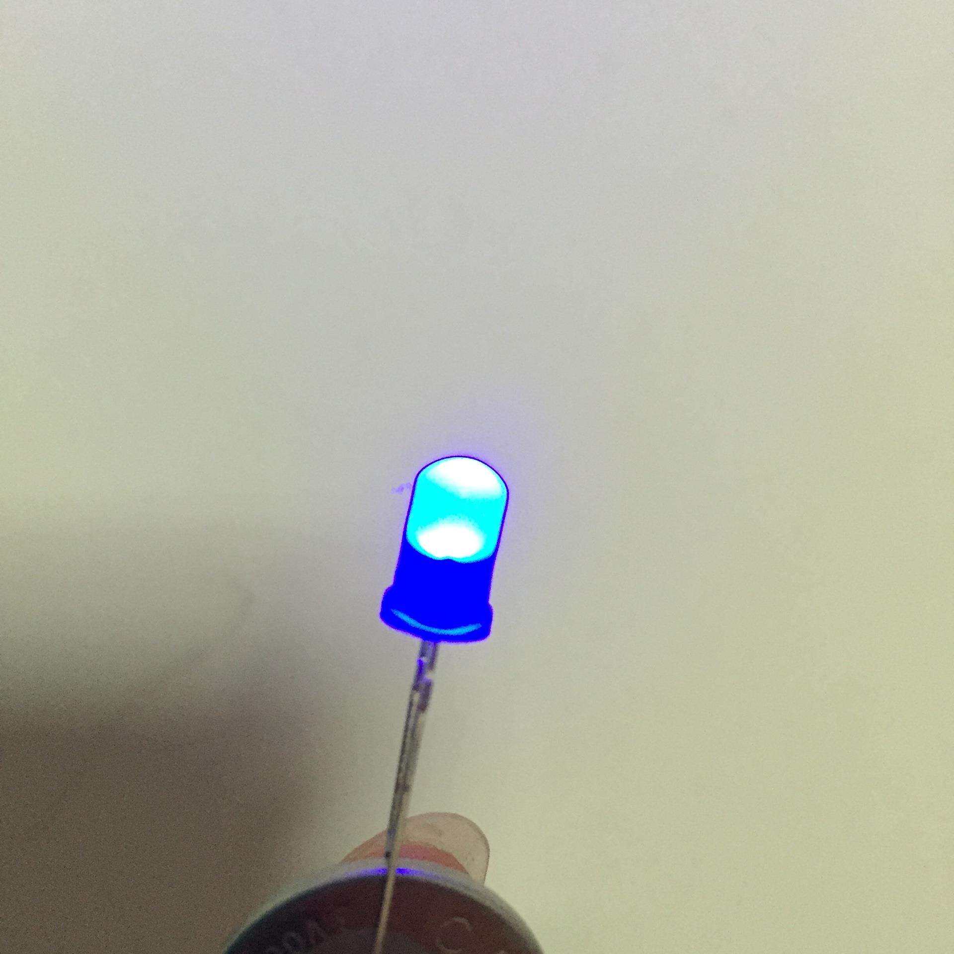 厂家供应LED灯珠5MM蓝光发光二极管F5圆头长脚蓝发蓝