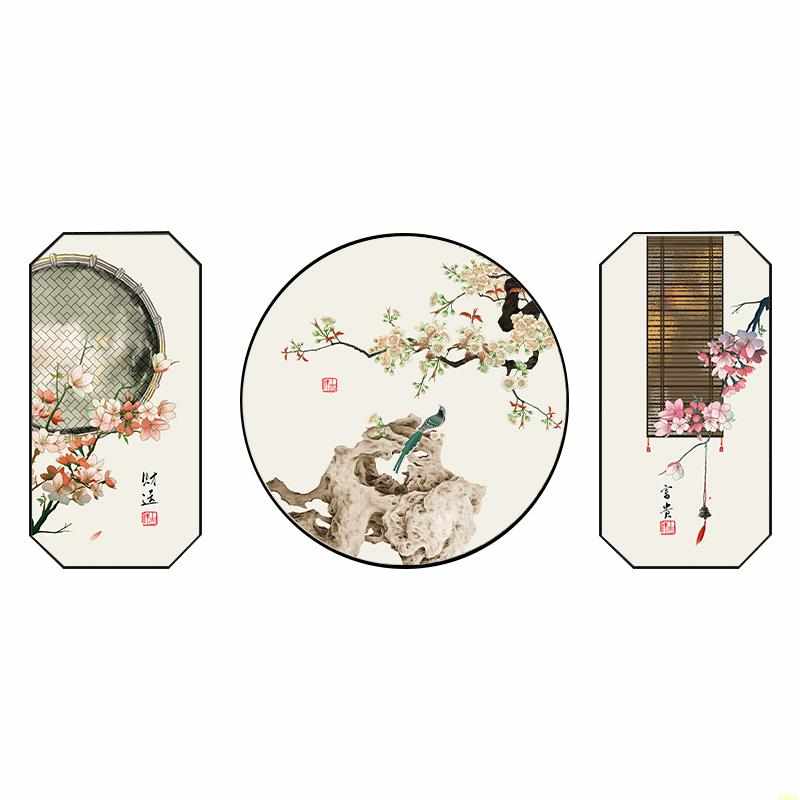 现代中式客O厅装饰画沙发背景墙花鸟日式墙画三联挂画民宿茶室壁