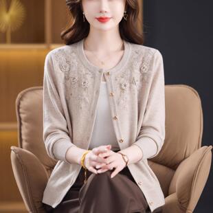 端庄气质中年妈妈装%纯羊绒开衫毛衣贵夫人中老年女羊毛衫上衣