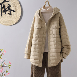 冬季韩版90白鸭绒(白鸭绒)中长款连帽轻薄羽绒服，女士时尚宽松纯色外套