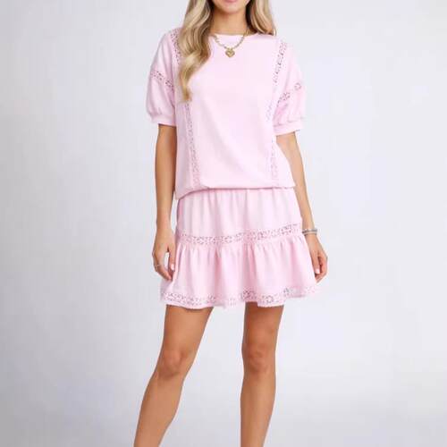 Women's 2 Piece Cotton Lace Trim Outfit Set Short Sleeve