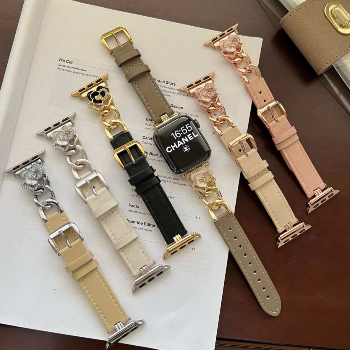 山茶花牛仔链条皮质表带适用applewatch苹果手表iwatch98代765