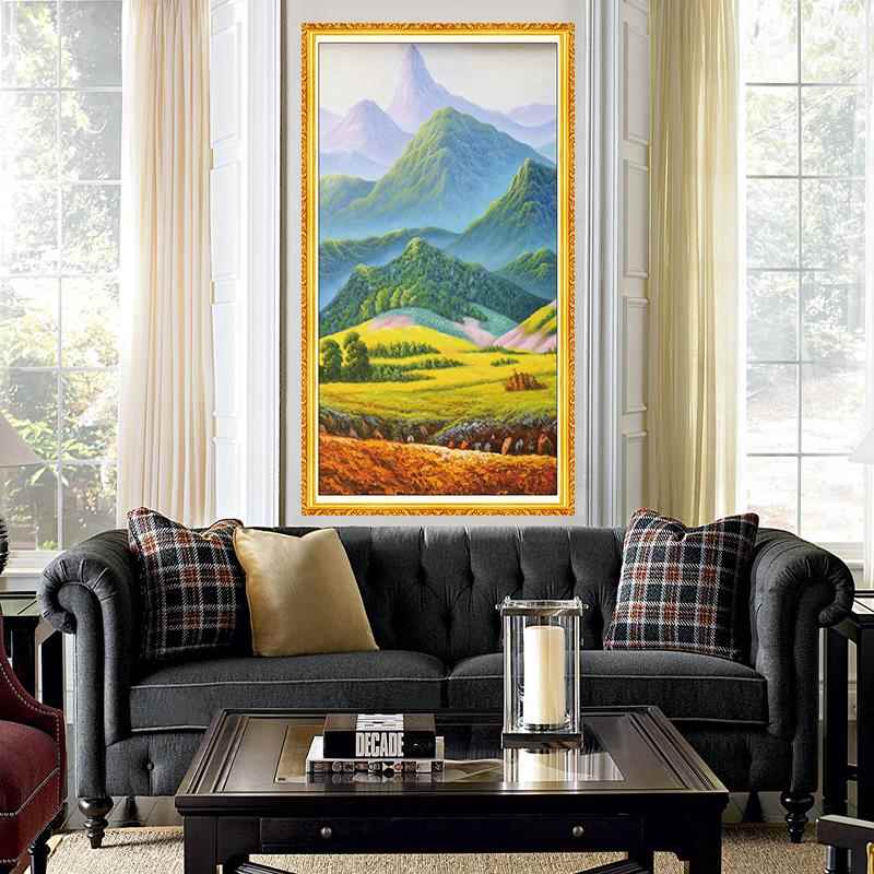 欧式风景油画自粘墙画客厅玄关竖版有山无水壁画办公室风水靠山画