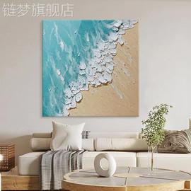 网红蓝色海浪纯手绘画玄方形肌理挂画抽象简约沙滩海滩油客厅装关