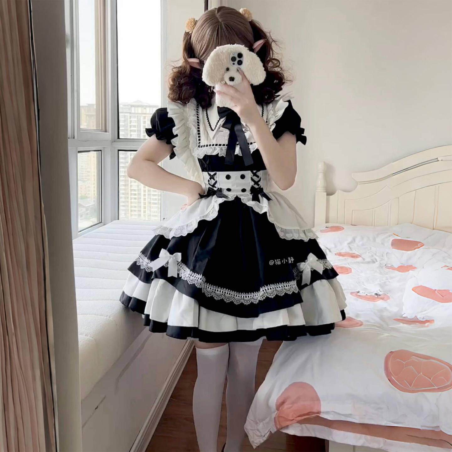大码doll感古早lolita连衣裙甜美op日常轻lo洛丽塔裙黑白小女仆装