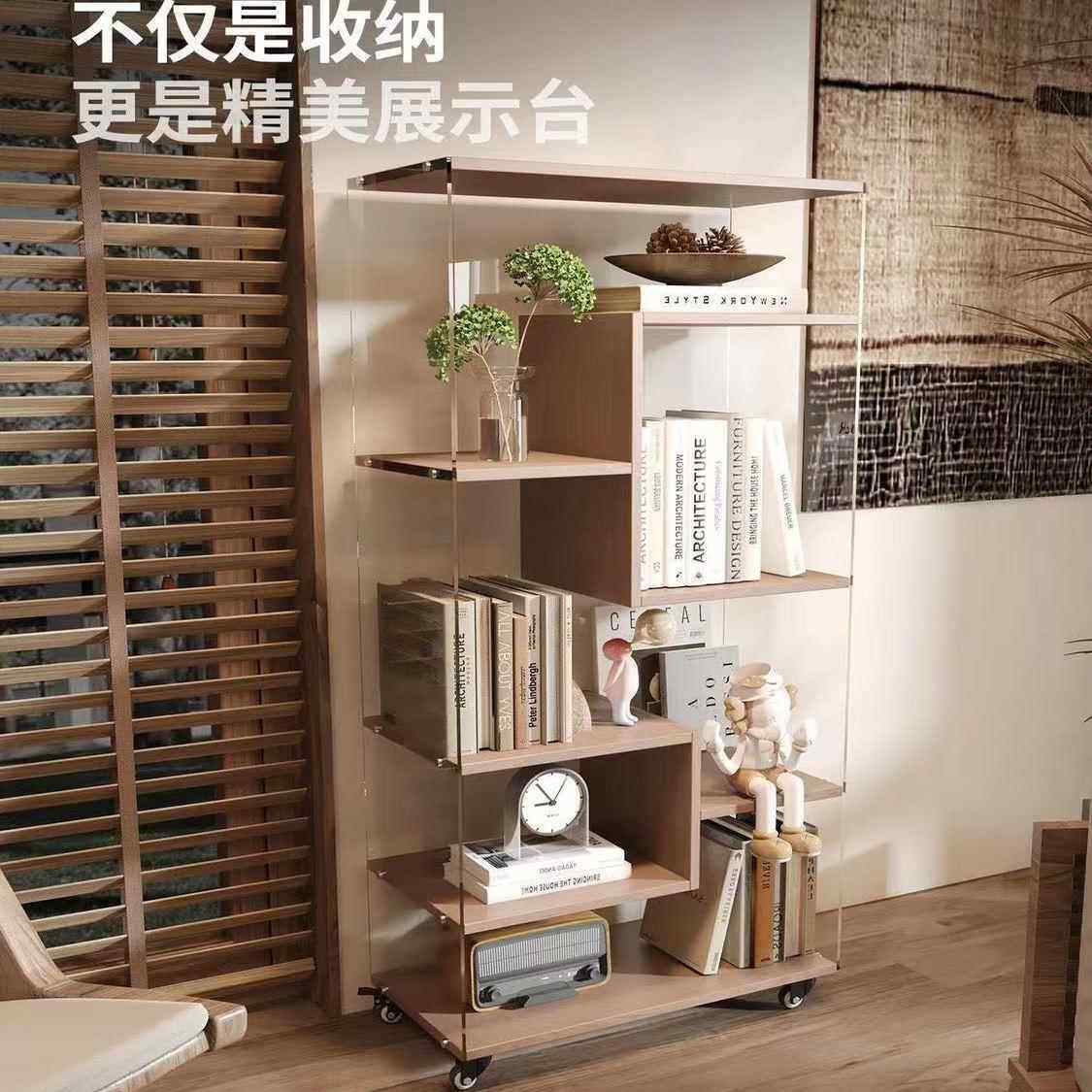 芙蕾米简约亚克力旋转收纳柜客厅阳台书柜移动落地置物架手办乐高展示柜床笠拉车