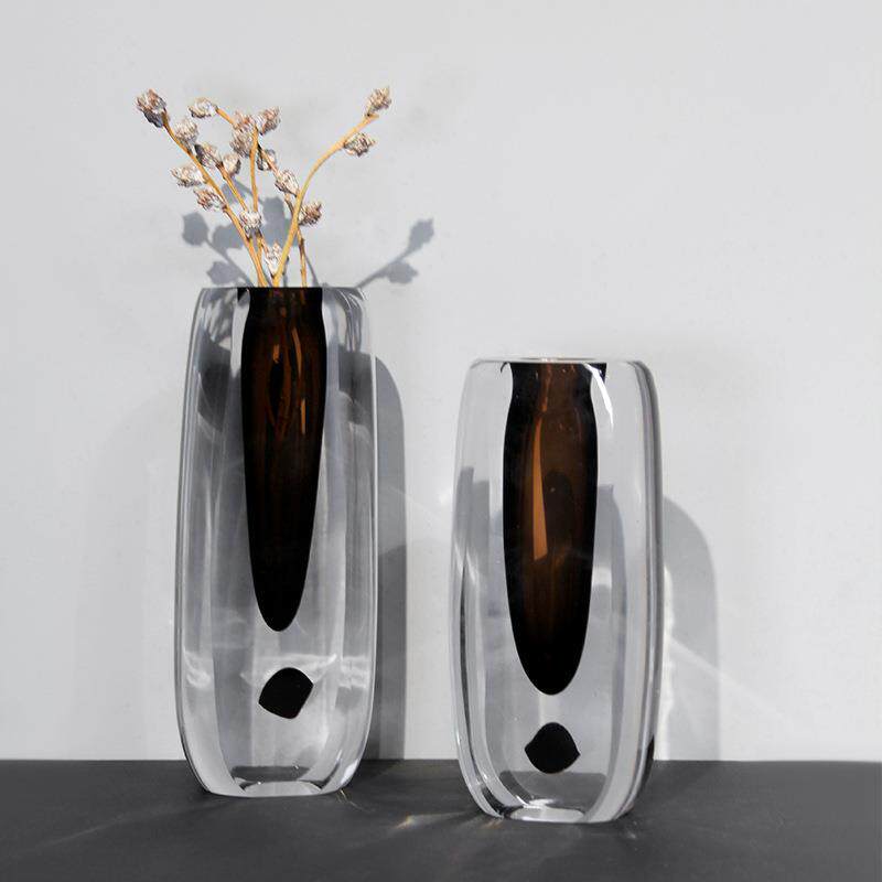 极简意式高档厚实灰咖色琉璃透明花器样板间客厅桌面玄关插花摆件
