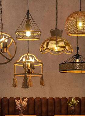饰麻绳复吊灯工业风铁艺古餐厅酒吧灯服装烧烤店复古装169店铺商