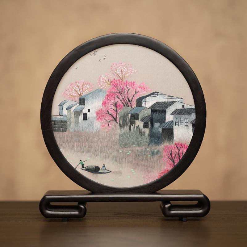 高档苏州双面刺绣台屏纪桌摆木件 手工刺绣新中式念礼物质装面饰