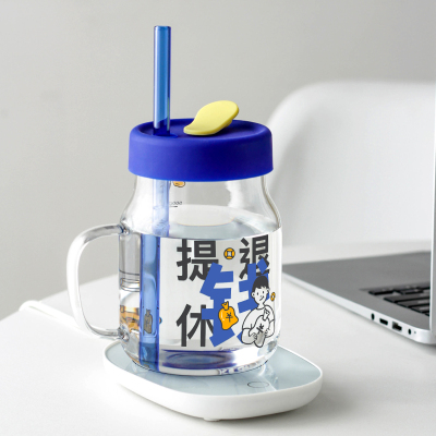 玻璃马克杯55度恒温杯子耐高温咖啡杯办公室带盖刻度吸管家用水杯