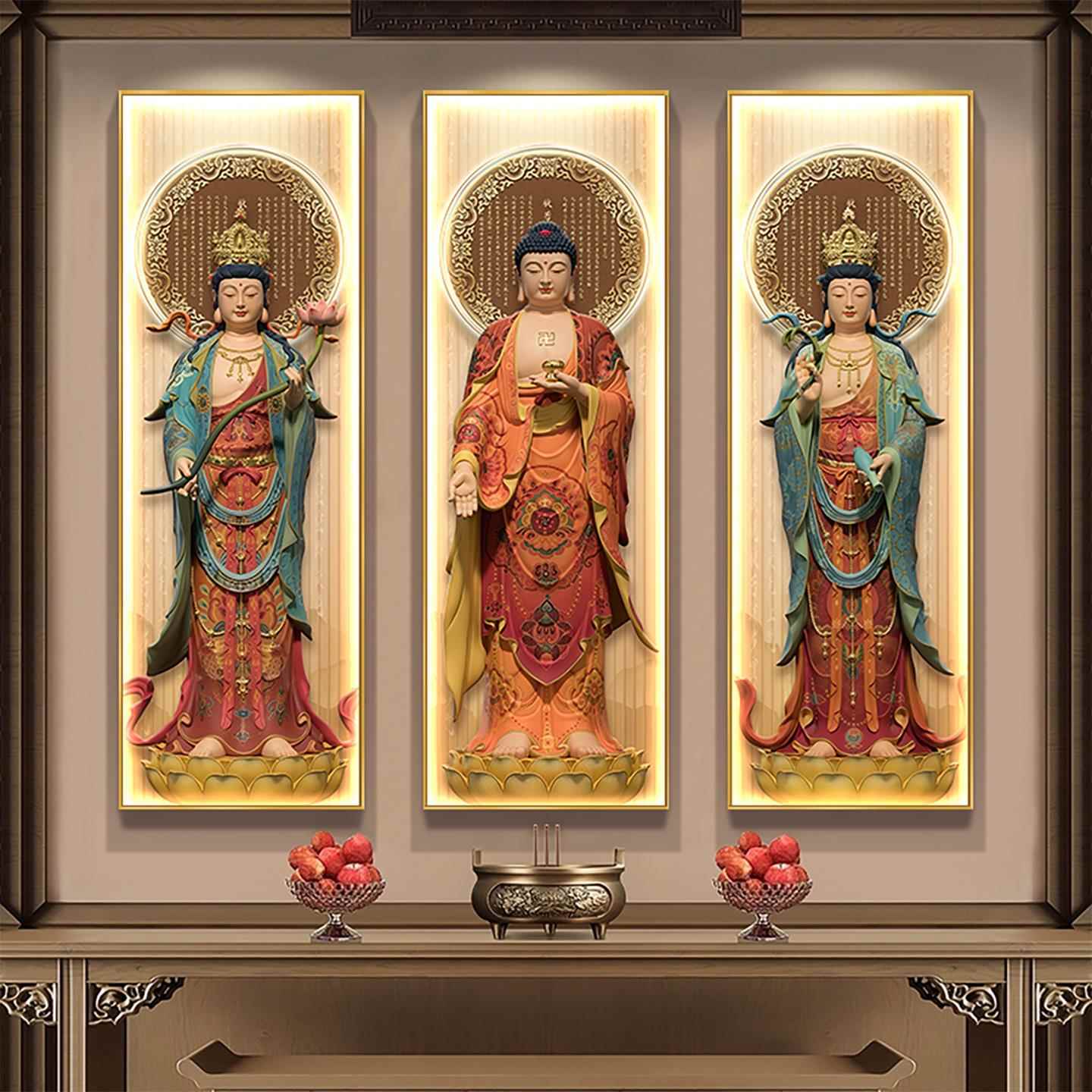 西方三圣画像挂画阿弥陀佛观音佛像高清供奉佛堂背景墙灯画装饰画