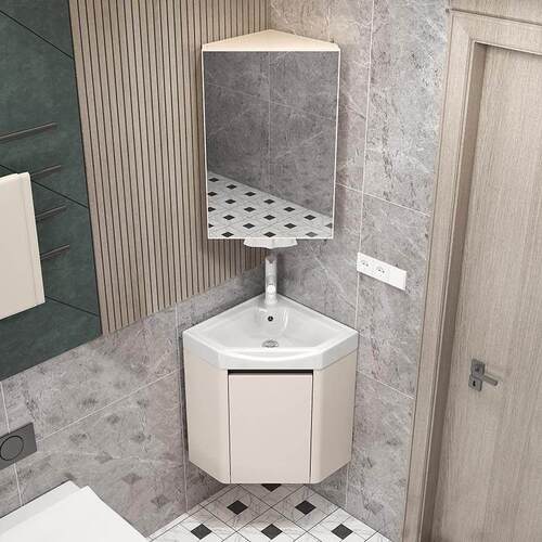 小户型奶油风三角形挂墙式浴室柜陶瓷一体盆转角洗漱台洗脸盆组合