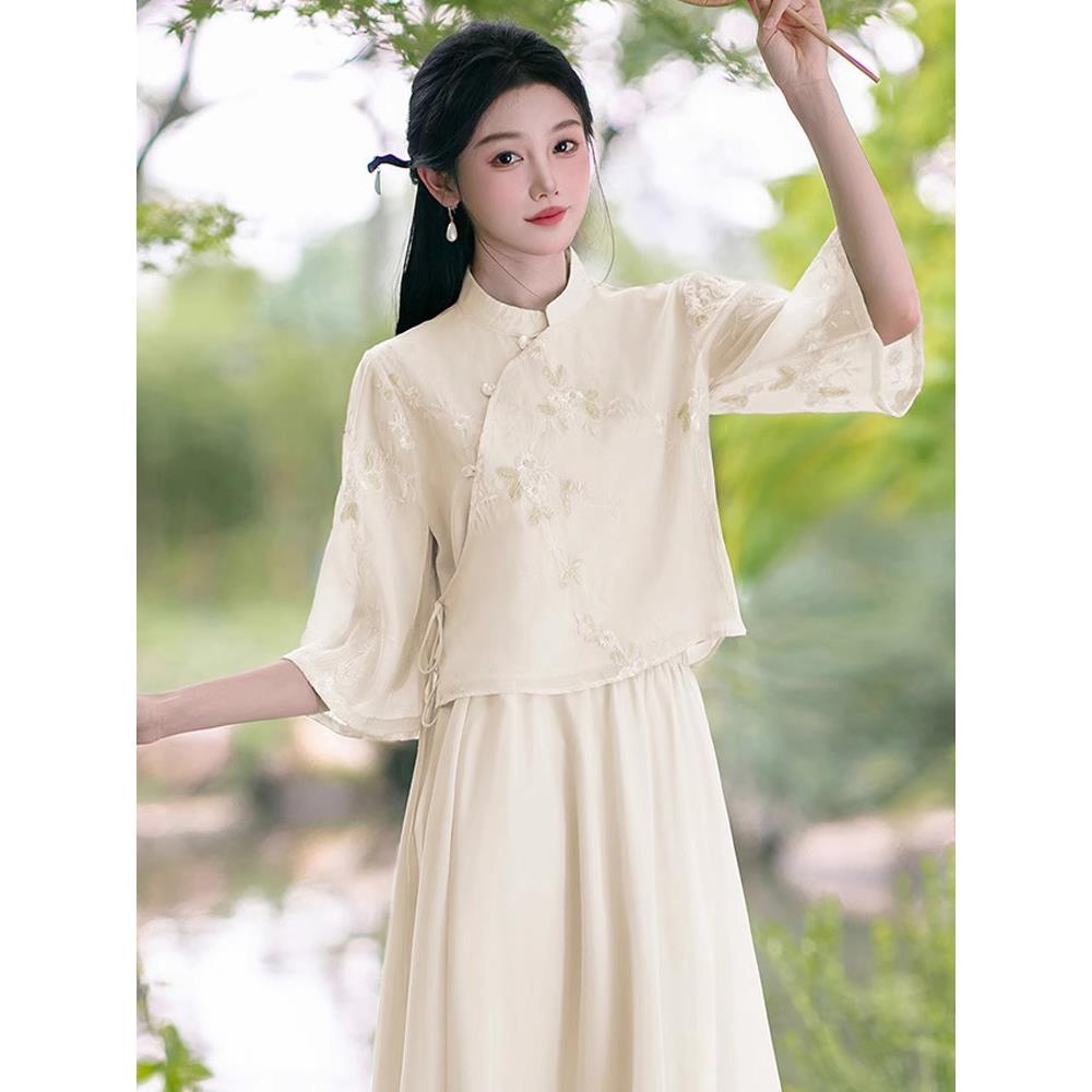新中式国风茶艺师套装女2026夏季新款旗袍上衣民国改良汉服套装裙