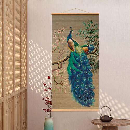 新中式遇见孔雀装饰挂画竹帘子复古玄关招财图案茶室客厅墙壁挂画