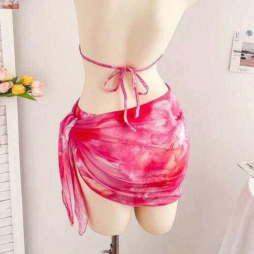 Women'S Floral Print Triangle Bikini Set, Three-Piece,