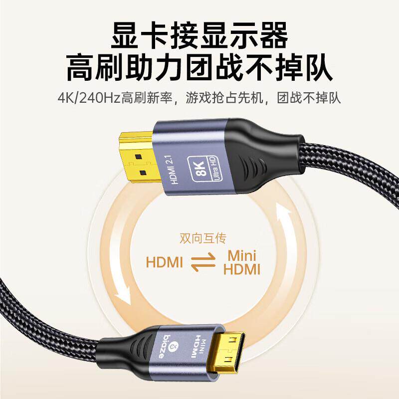毕亚兹MiniHDMI转HDMI转接2.1版微型8K高清转换显示器连接线zh218