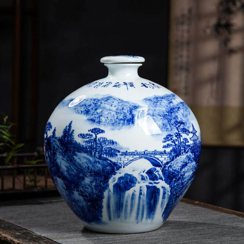 景德镇陶瓷酒瓶10斤装密封酒坛 手绘山水牡丹酒具酒罐带收藏证书