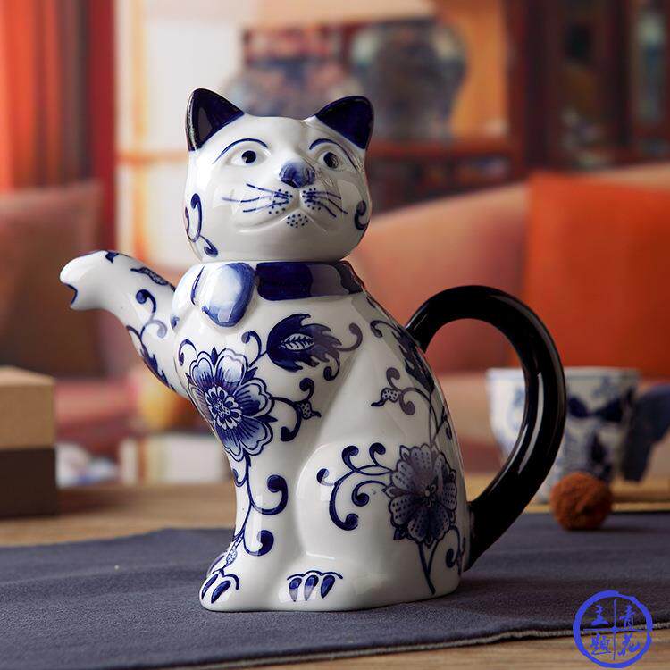 客厅青花瓷猫陶瓷凉水果汁壶中式装饰茶壶创意摆件