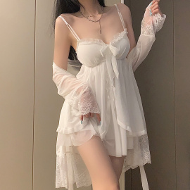 性感睡衣女夏季仙女风，蕾丝吊带网纱睡裙袍带胸垫家居两件套装