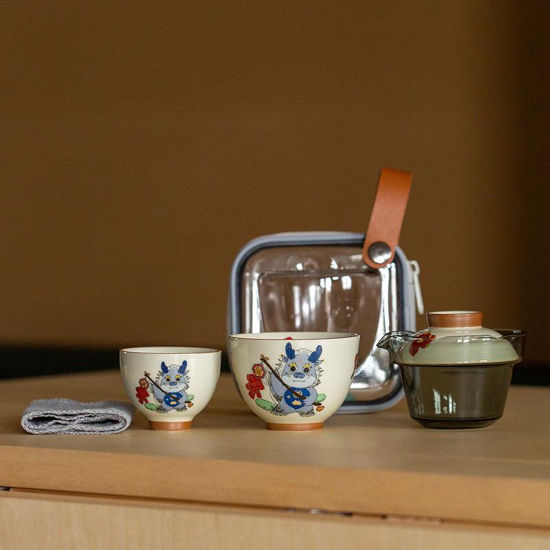 龙年旅行茶具中式快客杯盖碗一壶两杯户外套装创意功夫专用泡茶杯