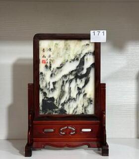 老红木插风 老挝大红酸枝木雕台屏 嵌天然石画桌屏 红木屏风摆件