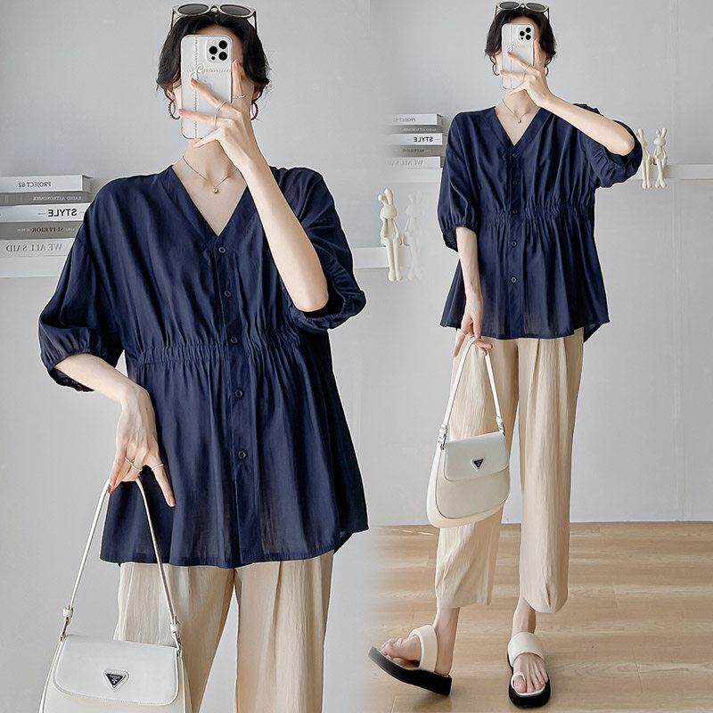 大码孕妇宽松运动上衣衬衫2026夏装七分袖时尚设计感可哺乳灯笼袖