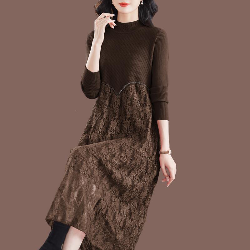 秋冬季新款针织羊毛衫女中长款连衣裙时尚羊绒毛衣蕾丝拼接显瘦女