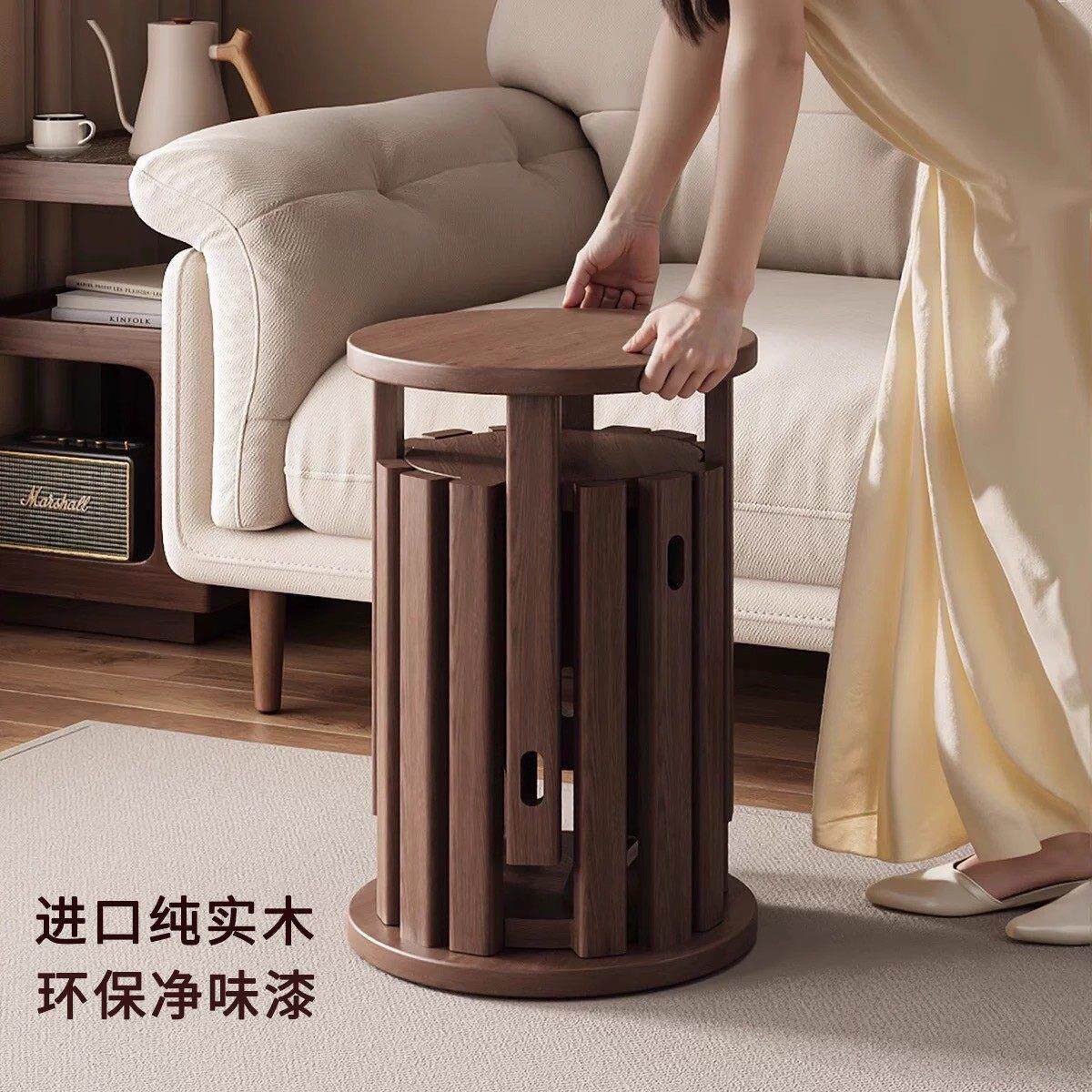 四合一实木圆凳可叠放叠叠乐组合椅子家备用圆凳餐桌折叠板凳矮凳