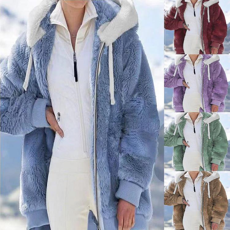 Plush zipper hooded jacket for women 毛绒拉链连帽外套女图片
