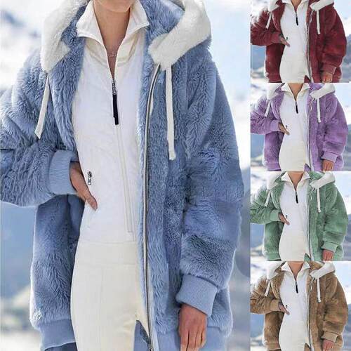 Plush zipper hooded jacket for women 毛绒拉链连帽外套女