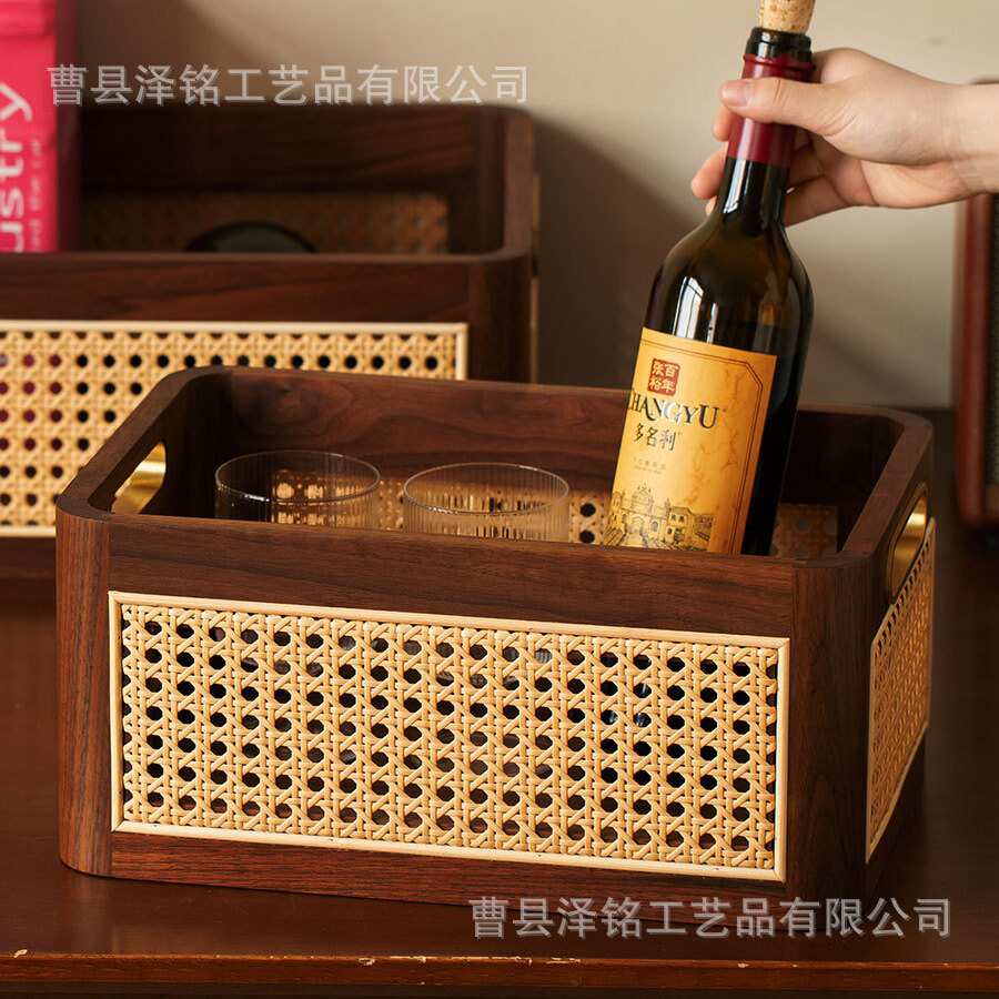 黑胡桃木色桌面收纳盒藤编筐收纳筐零食盒收纳箱实木质储物盒提篮