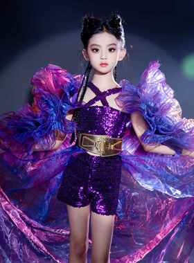 多巴胺紫橙色女孩t型台礼服紫色薄纱袖亮片西装尾t舞台表演服装儿
