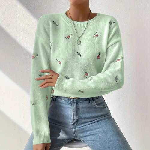 Women'S Floral Embroidery Crew Neck Sweater Elegant Long