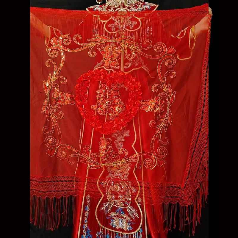 新娘出嫁盖头红色结婚婚礼蒙头巾透明中式网纱喜字婚庆头纱红盖头
