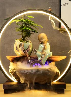 中式家居招财风水轮鱼缸假山流水喷泉摆件加湿器装饰玄关氛围台灯