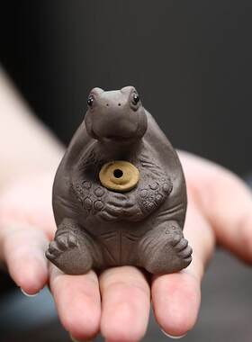 紫砂茶宠乌龟小摆件手工元宝禅香插海龟仙人雕塑茶桌茶玩茶具可养