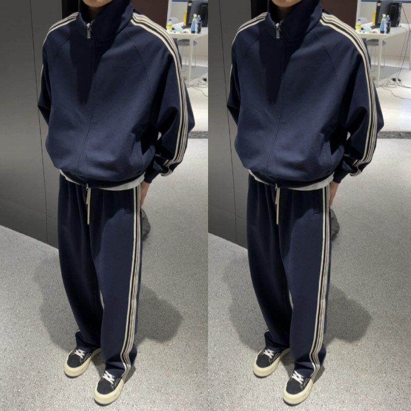 高端正品男士三条纹西装运动套装百搭运动两件套夫妇休闲运动衫和