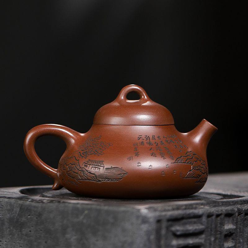 宜兴原矿紫砂壶 手工制作革紫泥刻绘过桥容天壶 茶壶茶具