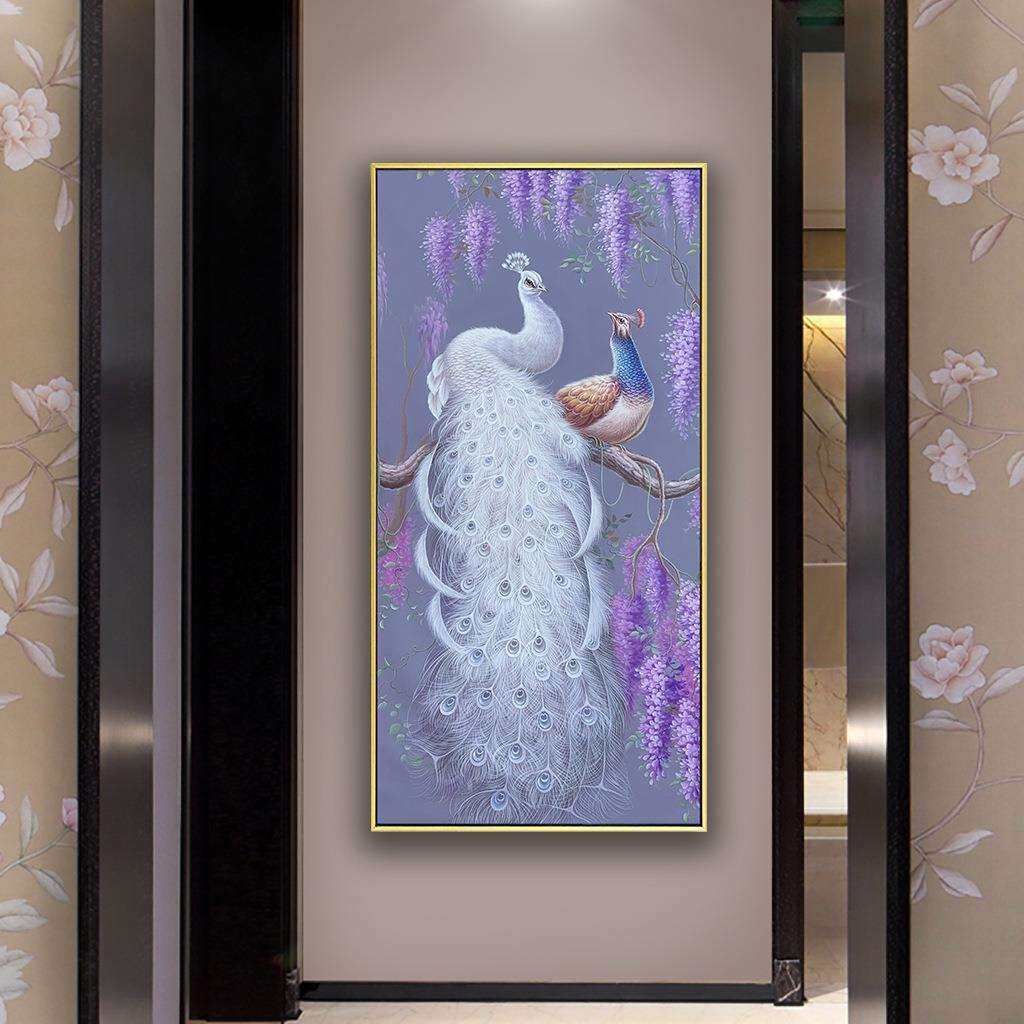 新中式手绘孔雀油画玄关装饰画客厅挂画美式过道竖版高端入户壁画