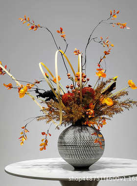 新中式橙色调仿真花插花盆景酒店餐厅样板间茶室软装花艺装饰摆件
