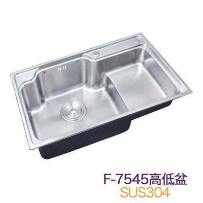 304不锈钢水槽港湾式高低盆带盆中盆菜板支架一体拉伸大单槽7545