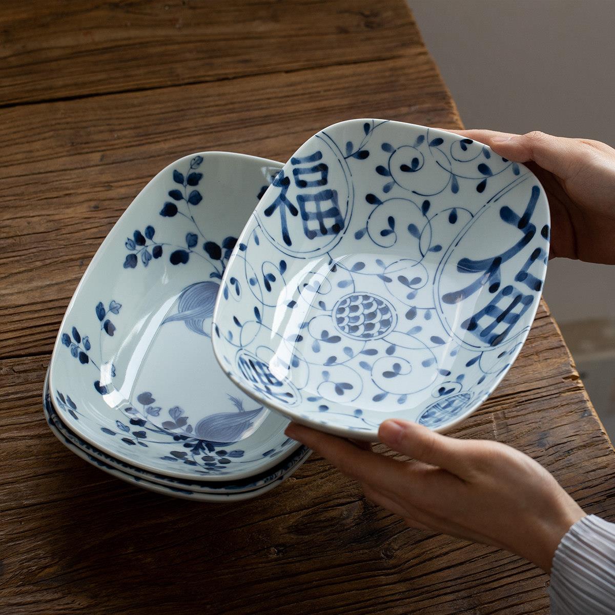 日本进口蓝凛堂青花福字方形大盘釉下彩陶瓷家用深菜盘日式蒸鱼盘
