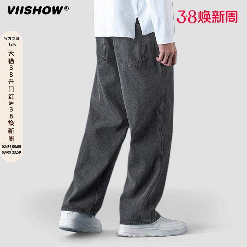 VIISHOW牛仔裤男潮牌夏季美式复古休闲黑色长裤抽绳直筒裤子春秋